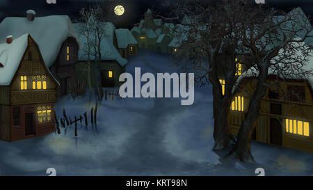 Paesaggio invernale del vecchio villaggio olandese di notte Foto Stock