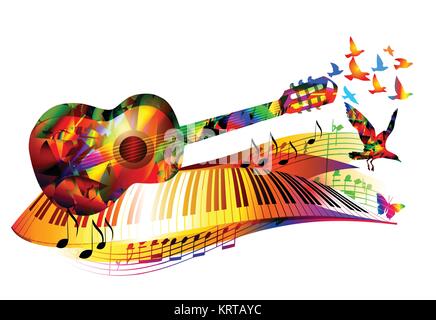 Colorato sfondo musicale con chitarra, tastiera di pianoforte, uccelli in volo e note musicali Illustrazione Vettoriale