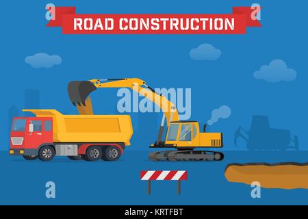 Escavatore fossa di scavo nel terreno e caricare il carrello. Macchine per Costruzione in background la silhouette della città. Illustrazione Vettoriale dell'edificio ma Illustrazione Vettoriale