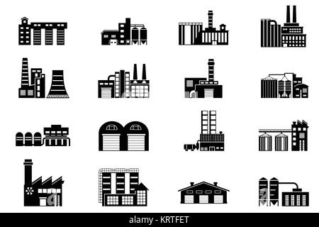 Industriale e manifatturiero edificio di fabbrica. Monocromatico icone vettoriali Illustrazione Vettoriale