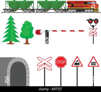 Il traffico ferroviario e il treno di vagoni per il trasporto di granaglie. Convoglio ferroviario trasporto. Le attrezzature ferroviarie con segni, barriere, allarmi, traf Illustrazione Vettoriale