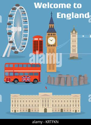 Benvenuto a Inghilterra - set di vettore di Londra famosa Place e punto di riferimento con il Tower Bridge, il Big Ben, il London Eye, Rosso Phone Booth, Red double-decker bus Illustrazione Vettoriale