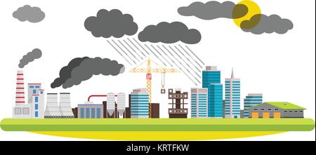 Città piatta e paesaggio industriale. Inquinamento ambientale i mulini e fabbriche situate in città. Illustrazione Vettoriale su sfondo bianco. Illustrazione Vettoriale