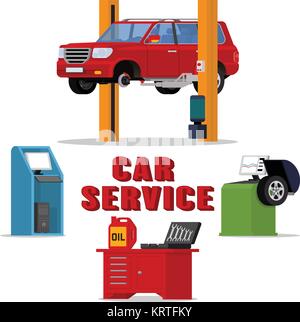 Vector concept car services - auto riparazione e diagnostica. Raccordo pneumatico servizio e ottimizzazione. SUV sollevata dal twin post ascensori Illustrazione Vettoriale