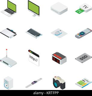 Appartamento 3D isometrica della tecnologia computerizzata designer infografico workspace concetto vettore. Tablet, notebook, smart phone, fotocamera, player sul computer desktop Illustrazione Vettoriale