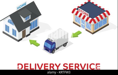 La consegna delle merci dal magazzino alla home - illustrazione isometrica del carrello shop e home Illustrazione Vettoriale