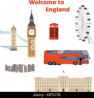Benvenuto a Inghilterra - set di vettore di Londra famosa Place e punto di riferimento con il Tower Bridge, il Big Ben, il London Eye, Rosso Phone Booth, Red double-decker bus Illustrazione Vettoriale