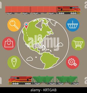 Servizio di consegna concetto dello sfondo. La logistica di attività commerciali e industriali. Illustrazione Vettoriale su commerciale globale con spedizione cargo semi carrello e m Illustrazione Vettoriale