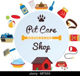Pet Shop vettore logo design, cura degli animali, simbolo del segno. Doodle, stile cartoon dog disegnati a mano illustrazione. Illustrazione Vettoriale