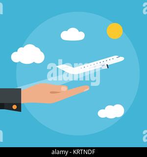 Il piano si toglie dal palmo della mano. Vettore aereo piatta illustrazione. Illustrazione Vettoriale