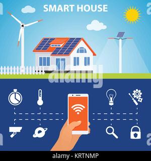 Concetto di vettore di casa intelligente o Smart home tecnologia sistema con un controllo centralizzato dei dispositivi di illuminazione, riscaldamento, ventilazione e aria condizionata, securit Illustrazione Vettoriale