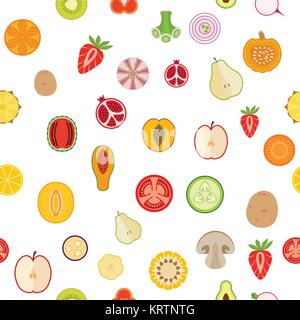 Sfondo senza giunture con frutta e verdura su sfondo bianco. Design piatto. Illustrazione Vettoriale. Illustrazione Vettoriale