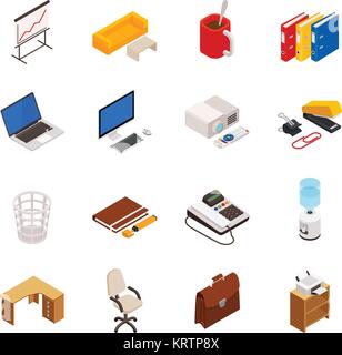 Grande set di 3D isometrica di tipo volumetrico di icone su un tema di apparecchiature per ufficio. Vector icon set. Illustrazione Vettoriale