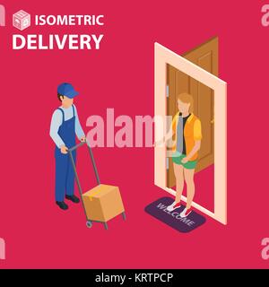 Consegna rapida piatto vettore isometrica concetto. Il corriere rimane con il pacco vicino alla porta e dà il pacco al cliente. illustrat isometrica Illustrazione Vettoriale