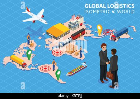 Rete logistica globale piatta 3D isometrica illustrazione vettoriale Set di air cargo autotrasporti trasporto ferroviario per il trasporto marittimo. Il concetto di business d'accordo Illustrazione Vettoriale