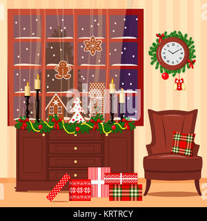 Natale camera decorata con poltrona, finestra, giocattoli, regali Foto Stock
