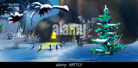 Albero di Natale nei pressi di una fiaba casa in una foresta di inverno Foto Stock