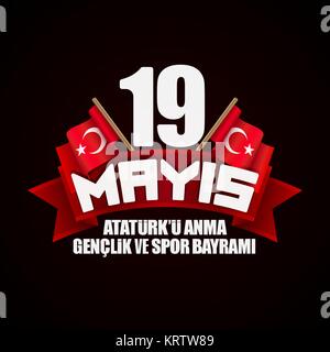 19 Mayis Ataturk'u Anma Genclik ve Spor Bayrami Tebrik Karti - 19 Maggio commemorazione di Ataturk, della gioventù e dello sport il giorno. Biglietto di auguri concetto. Illustrazione Vettoriale