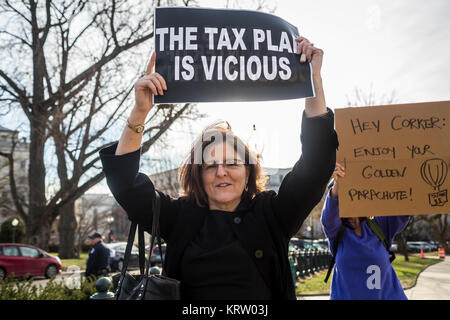 La città di New York, Stati Uniti. Xix Dec, 2017. I manifestanti di fronte ai membri della casa che esce dal Campidoglio dopo il passaggio del GOP piano fiscale. La votazione è stata 227-205, con 13 Casa repubblicani unendo tutti i democratici ad opporsi alla legge. Credito: Michael Nigro/Pacific Press/Alamy Live News Foto Stock