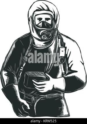 Stile Scratchboard illustrazione di un EMT,emergenza tecnico medico, pompiere, personale paramedico, ricercatore, Lavoratore che indossa Hazmat Suit fatto su raschiare Illustrazione Vettoriale