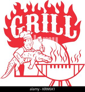 In stile retrò illustrazione di un barbecue chef portante un Gator per barbecue grill con parole Grill su sfondo isolato. Illustrazione Vettoriale