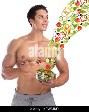 Bodybuilding dieta bodybuilder mangiare sano lattuga battenti muscoli uomo sano tagliare Foto Stock