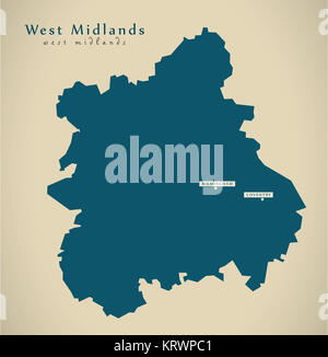 Mappa moderno - West Midlands, Regno Unito Inghilterra illustrazione Foto Stock