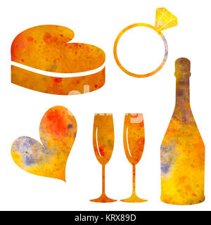 Serie di acquerelli di elementi per il giorno di San Valentino o per il matrimonio. Foto Stock