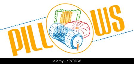 Banner, etichetta, per la produzione e la vendita di divano letto e cuscini. Icona, in stile lineare Illustrazione Vettoriale