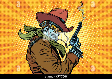 Robot steampunk cowboy con il fumo dopo la cottura di un revolver Foto Stock