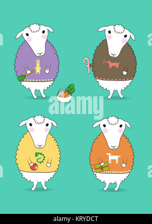 Cartoon sheeps bianco con pullover colorati Foto Stock