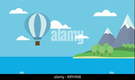 Vista del palloncino volare sull'isola con montagne in mare con il cielo blu e nuvole - Vettore Illustrazione Vettoriale