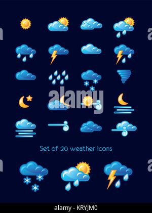 Set di 20 divertenti icone meteo. Illustrazione Vettoriale. Sfondo blu. Illustrazione Vettoriale