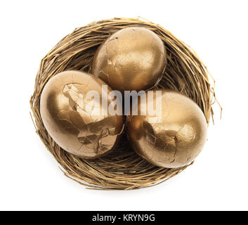 Isolato oro rotto le uova nel nido. Foto Stock