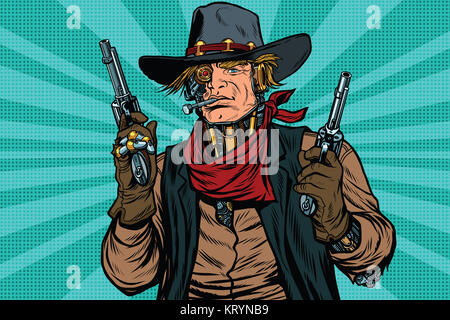 Robot steampunk bandito da cowboy con la pistola Foto Stock