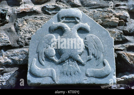 Doppia Aquila del tedesco stemma del medievale castello crociato (c15TH), bodrum, Turchia Foto Stock