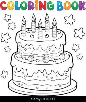Libro da colorare la torta con 5 candele - eps10 illustrazione vettoriale. Illustrazione Vettoriale