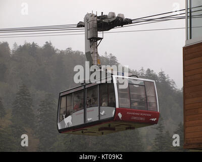 Questa immagine mostra una funivia sulla Asahidake Ropeway in Giappone. La funivia porta i visitatori alla vetta del monte Asahidake, offrendo viste mozzafiato del paesaggio naturale circostante. Foto Stock