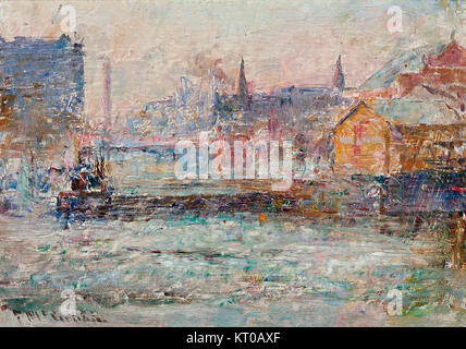 "Little Dock, Melbourne" è un dipinto di Frederick McCubbin, un artista australiano. Creato intorno al 1914, il dipinto riflette l'esplorazione di McCubbin di paesaggi urbani e industriali, catturando l'essenza del porto di Melbourne in quel momento. Foto Stock