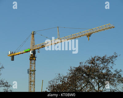 Questa immagine mostra il processo di assemblaggio di una gru a torre Liebherr, utilizzata in grandi progetti di costruzione. Le gru Liebherr sono note per la loro affidabilità e tecnologia avanzata. Foto Stock