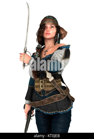 3D Rendering Pirate donna su bianco Foto Stock