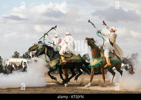 Tbourida festival equestre sincronizzati con cariche di cavalleria e moschetto sparando Foto Stock