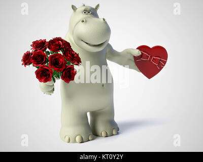 3D rendering di romantico cartoon hippo. Foto Stock