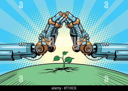Il braccio di robot proteggere germoglio verde, ambiente tecnologico e n Foto Stock