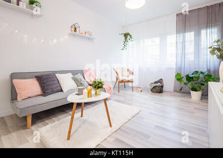 Divano con cuscini e un tavolo da caffè e shaggy rug scandinavi in salotto Foto Stock