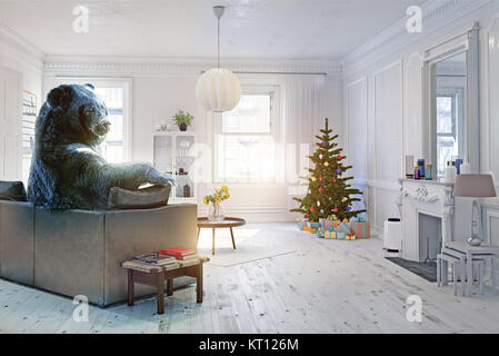 L'orso rilassante nella celebrazione di Natale camera decorata sul divano. Illustrazione creativa. Foto CG e combinazione di elementi. Il rumore e la consistenza Foto Stock