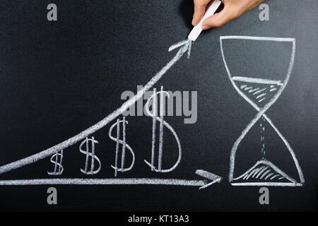 La crescita del dollaro grafico con Clessidra disegnato sulla lavagna Foto Stock