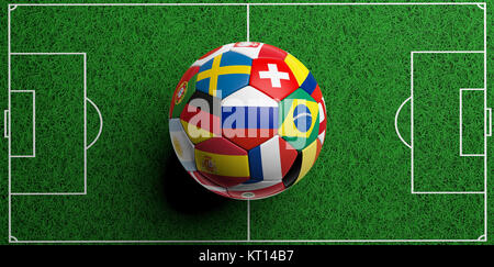 Soccer Football sfera con squadre del mondo bandiere sul campo verde dello sfondo. 3d illustrazione Foto Stock