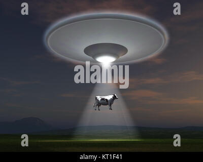 3d illustrazione di una mucca rapiti da un UFO Foto Stock