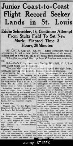 Eddie Agosto Schneider (1911-1940) dal Associated Press in Altoona Tribune di Altoona, Pensilvania il 16 agosto 1930 Foto Stock